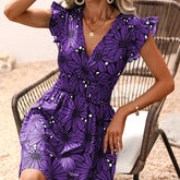 New Flowers Print Ruffled Sleeveless Dress Summer Sexy Deep V-neck Slim-waist Short Dresses For Womens Clothing - kinko
